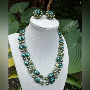 1950s Midnight Garden Moss and Turquoise Pearlescent Hong Kong Retro Jewelry Set